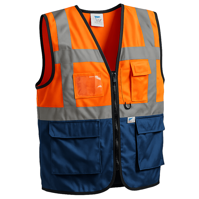 Gilet de Haute Visibilité Orange et Bleu Marine avec Bandes Réfléchissantes