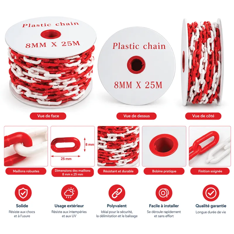 Chaîne de signalisation plastique 8 mm × 25 m – Rouge et blanc